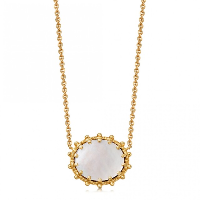 14K Gold Sterling Silver Mother of Pearl Oval Pendant Necklace