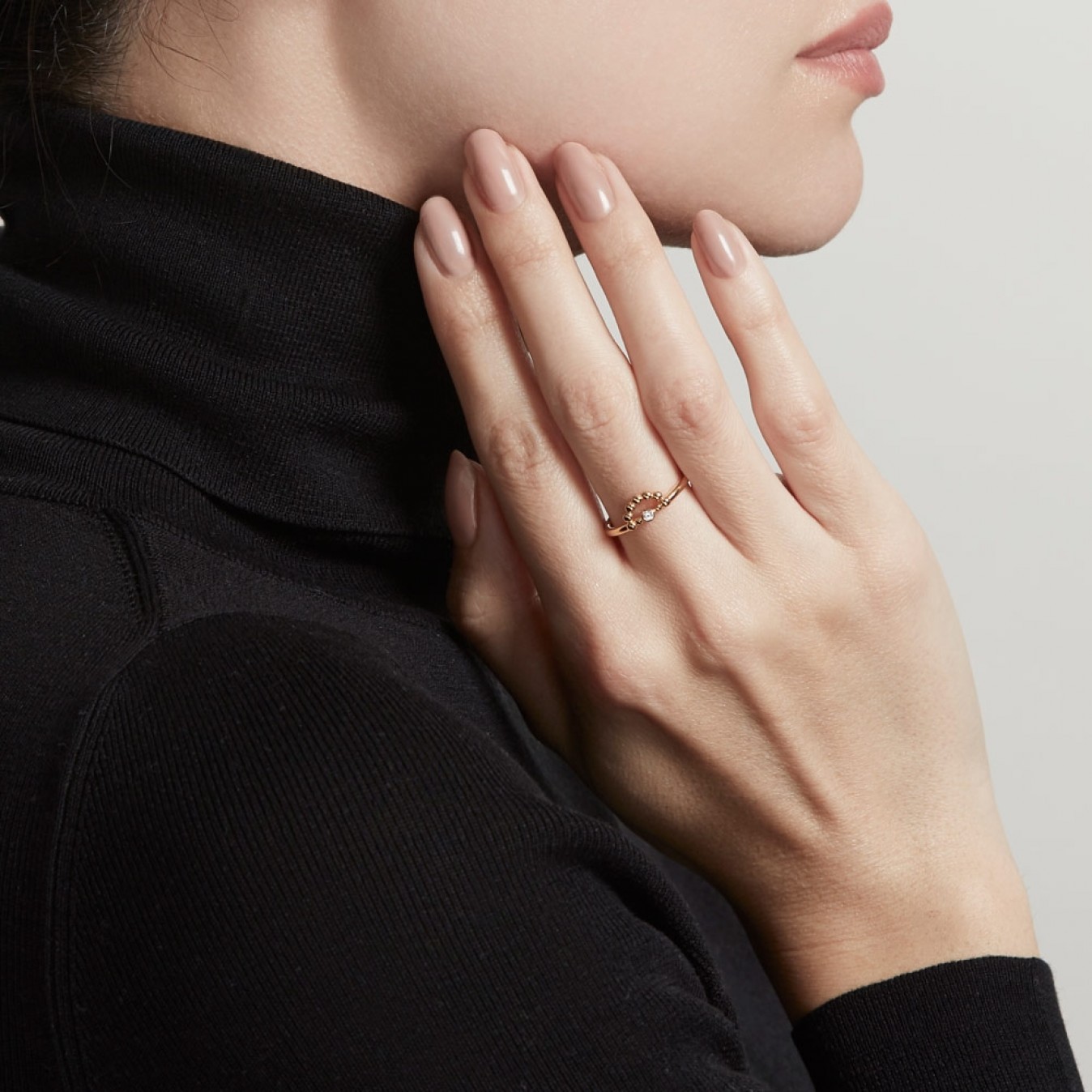Sterling Silver Solitaire Mini Beaded Half Circle Ring