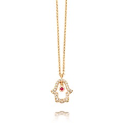 Sterling Silver Cubic Zirconia and Ruby Hamsa Hand Necklace