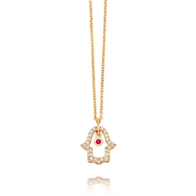 Sterling Silver Cubic Zirconia and Ruby Hamsa Hand Necklace