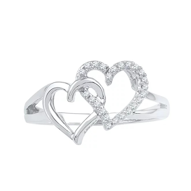 Sterling Silver Round Diamond Double Heart Ring