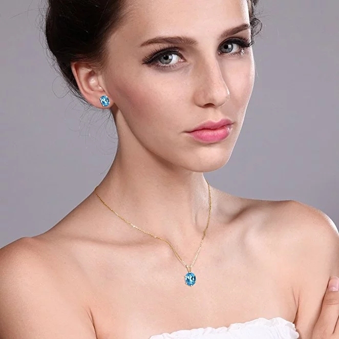 Oval Blue Topaz Gold Plated Silver Pendant Earrings Set