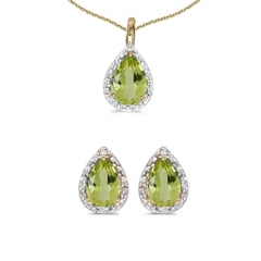 14K Yellow Gold Pear Peridot And Diamond Earrings and Pendant Set