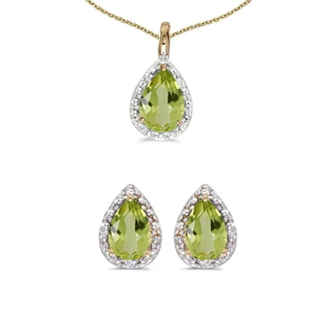14K Yellow Gold Pear Peridot And Diamond Earrings and Pendant Set