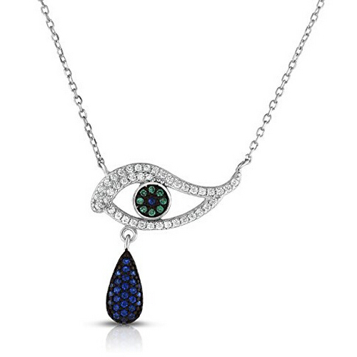 Sterling Silver Cubic Zirconia Strong Hue Multicolor Evil Eye Necklace