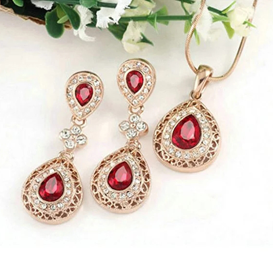 Rose Gold Gorgeous Vintage Garnet Chandelier Pendant Necklace and Drop Earrings Wedding Set