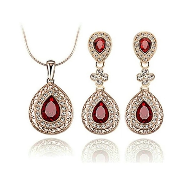Rose Gold Gorgeous Vintage Garnet Chandelier Pendant Necklace and Drop Earrings Wedding Set