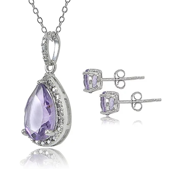 Sterling Silver Amethyst Teardrop Necklace and Earrings Set
