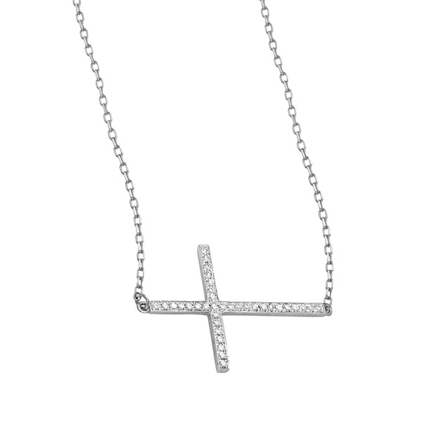China Supplier Sterling Silver Cubic Zirconia Sideways Cross Necklace