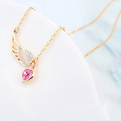 925 Silver Pink Heart and Angel Wing Pendant Necklace for Girlfriend