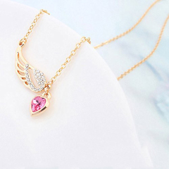 925 Silver Pink Heart and Angel Wing Pendant Necklace for Girlfriend