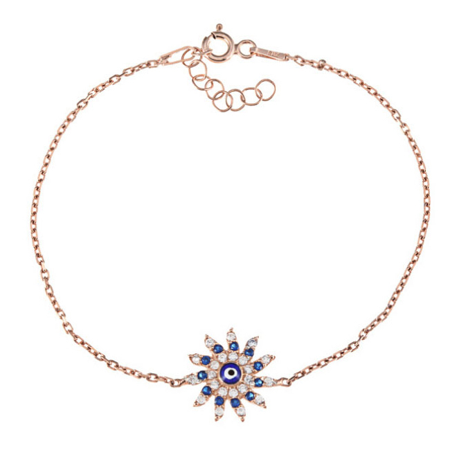 Sterling Silver CZ Blue Sapphire Sun Shaped Evil Eye Bracelet for Women