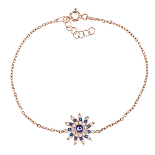 Sterling Silver CZ Blue Sapphire Sun Shaped Evil Eye Bracelet for Women
