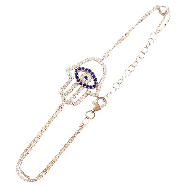 Gold over Silver Cubic Zirconia Sapphire Evil Eye Hamsa Bracelet