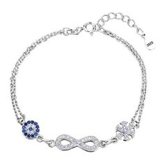 Sterling Silver CZ Blue Evil Eye Infinity and Snowflake Link Charm Bracelet