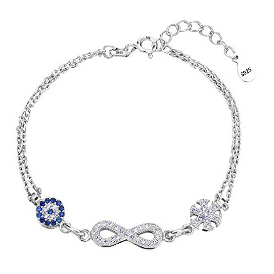 Sterling Silver CZ Blue Evil Eye Infinity and Snowflake Link Charm Bracelet