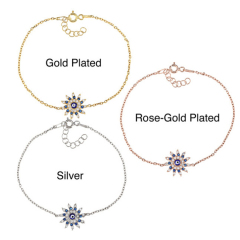 Sterling Silver CZ Blue Sapphire Sun Shaped Evil Eye Bracelet for Women