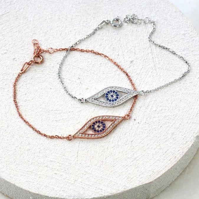 Sterling Silver Gold Vermeil Blue Sapphire Color Clear CZ Evil Eye Bracelet
