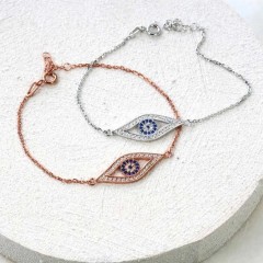 Sterling Silver Gold Vermeil Blue Sapphire Color Clear CZ Evil Eye Bracelet