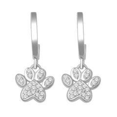 Cubic Zircon Diamond Dog Paw Drop Earrings in Sterling Silver