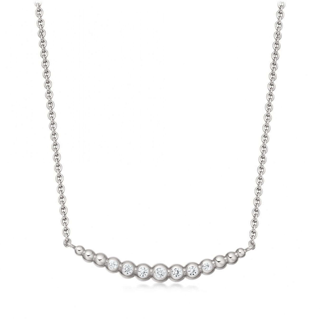 Sterling Silver Cubic Zirconia Beaded Curved Bar Necklace