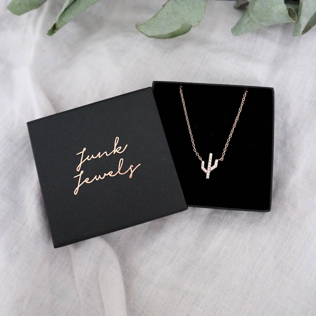Small Design Sterling Silver Cubic Zirconia Cactus Charm Necklace