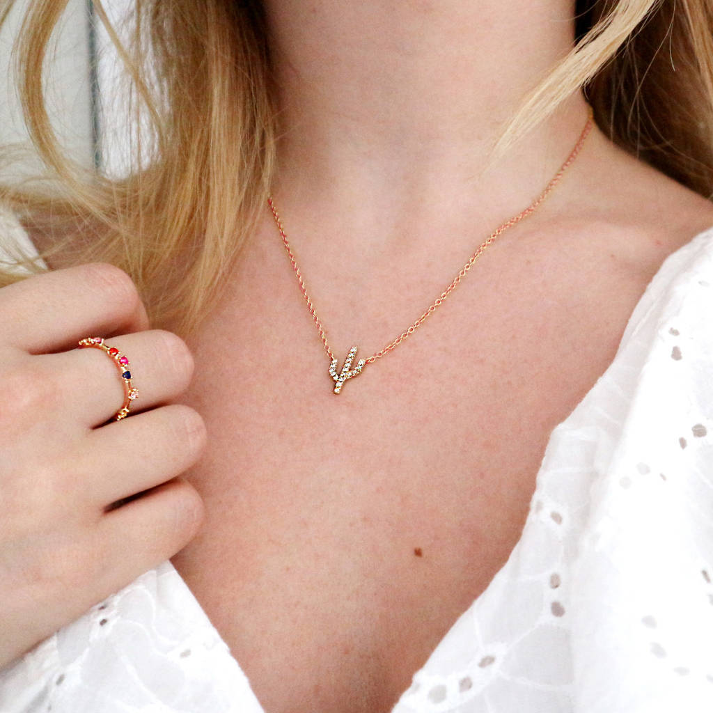 Small Design Sterling Silver Cubic Zirconia Cactus Charm Necklace