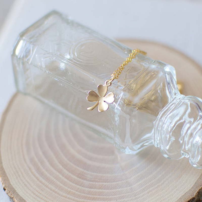 Simple Design Sterling Silver Four Leaf Clover Necklace in Yellow Gold