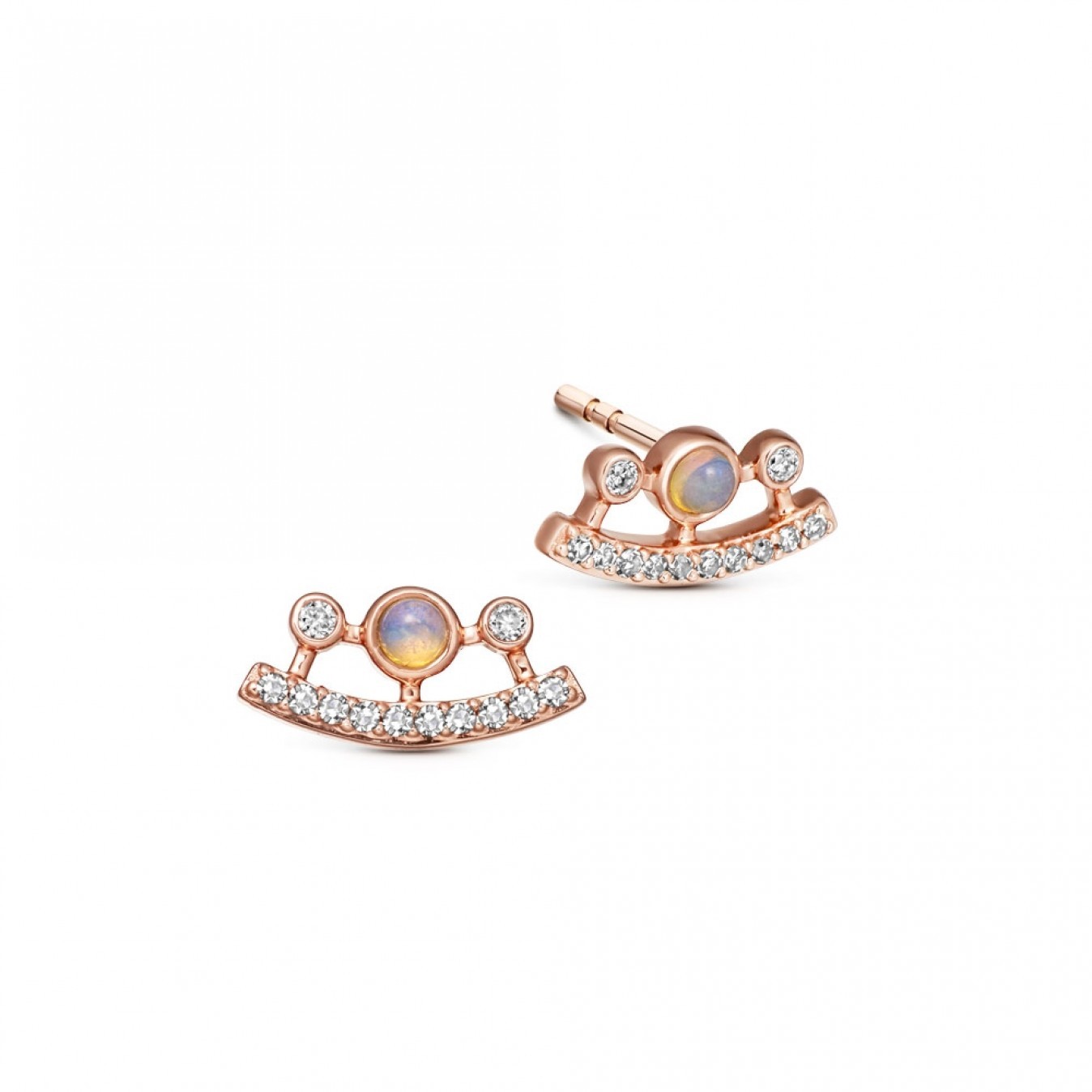 Dainty Sterling Silver Cubic Zirconia and Lab Opal Ellipse Stud Earrings