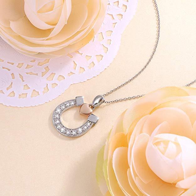 Sterling Silver Two Tone Plated CZ Horseshoe with Heart Necklace Netherlands