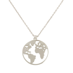 925 Sterling Silver Round World Map Globe Pendant Necklace