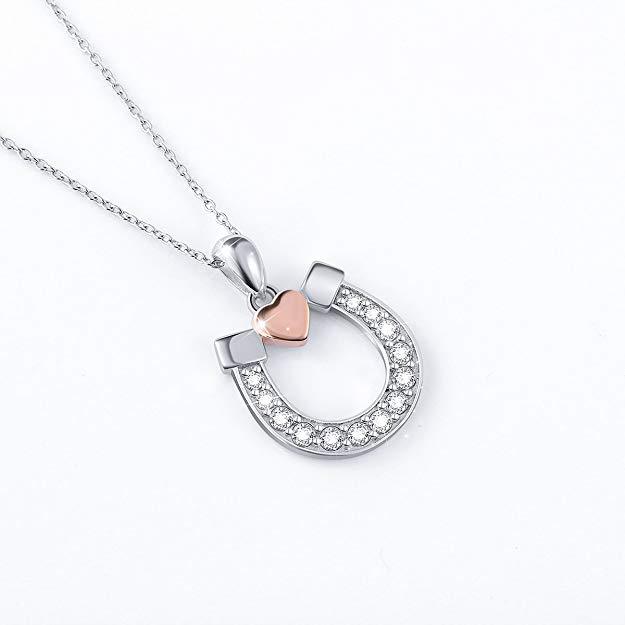 Sterling Silver Two Tone Plated CZ Horseshoe with Heart Necklace Netherlands