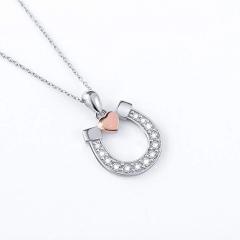 Sterling Silver Two Tone Plated CZ Horseshoe with Heart Necklace Netherlands