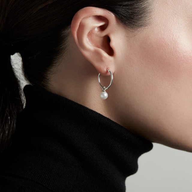 Custom Jewelry Drop Shell Pearl Hoop Earrings in Sterling Silver