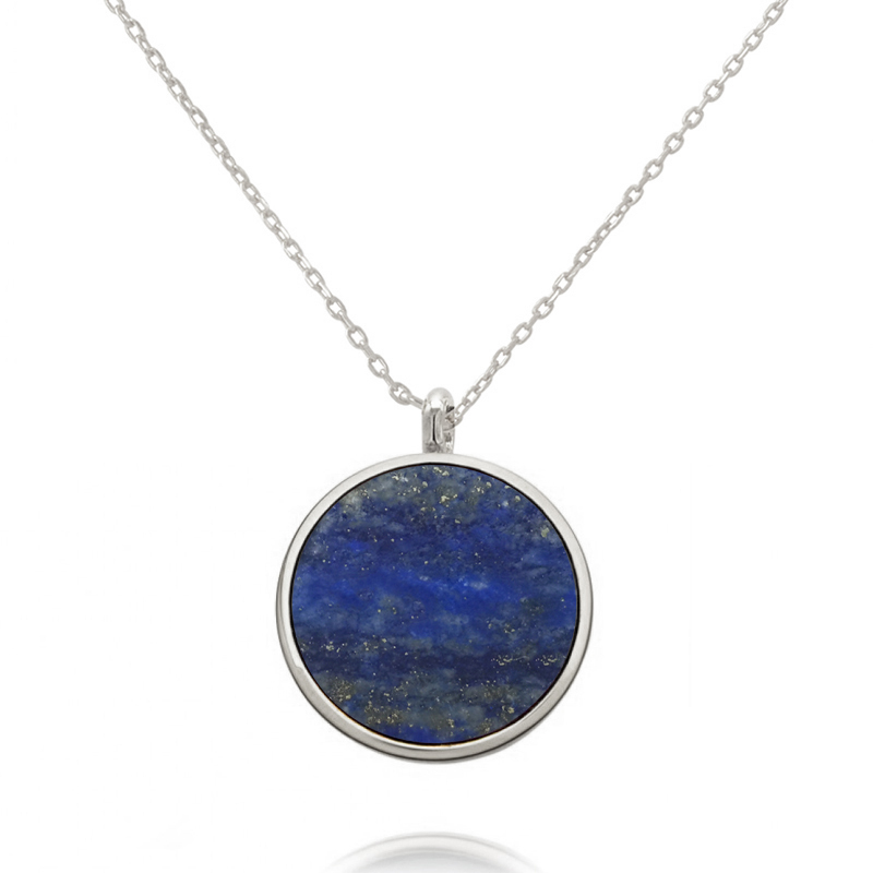 Dainty Sterling Silver Natural Lapis Lazuli Stone Round Pendant Necklace