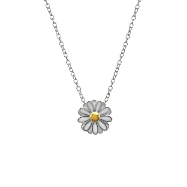 Dainty Sterling Silver Two Tone White Enamel Daisy Necklace