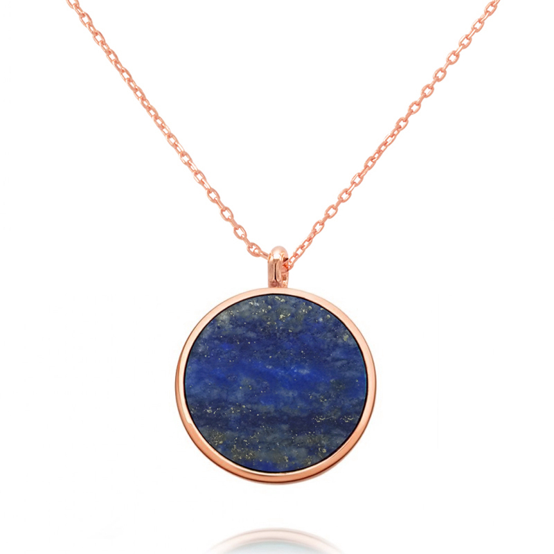 Dainty Sterling Silver Natural Lapis Lazuli Stone Round Pendant Necklace