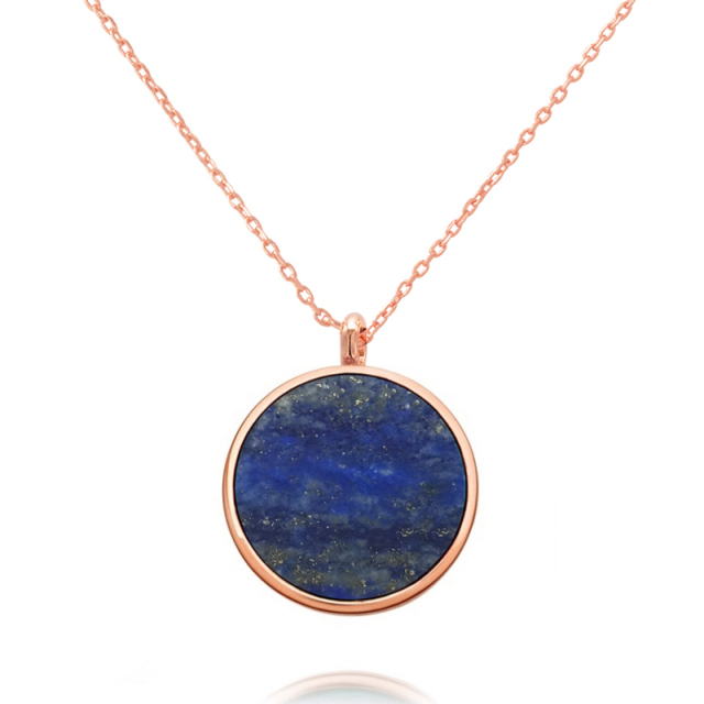 Dainty Sterling Silver Natural Lapis Lazuli Stone Round Pendant Necklace
