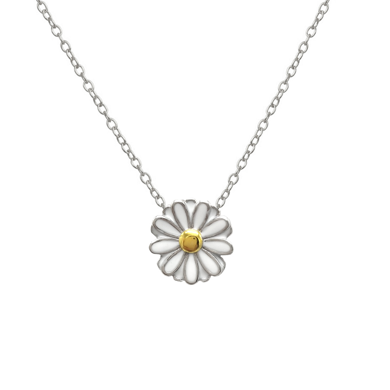 Dainty Sterling Silver Two Tone White Enamel Daisy Necklace