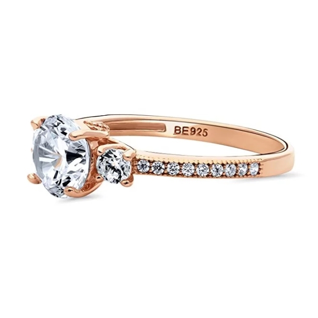 Rose Gold Plated Sterling Silver Cubic Zirconia CZ 3-Stone Promise Engagement Ring