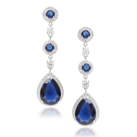 Sterling Silver White and Blue Sapphire Cubic Zirconia Drop Earrings for Wedding