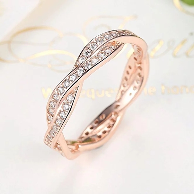 Twist 2 Bands Eternity Promise Rings Love Wedding Jewelry Sets in 925 Sterling Silver with Rose Gold and CZ