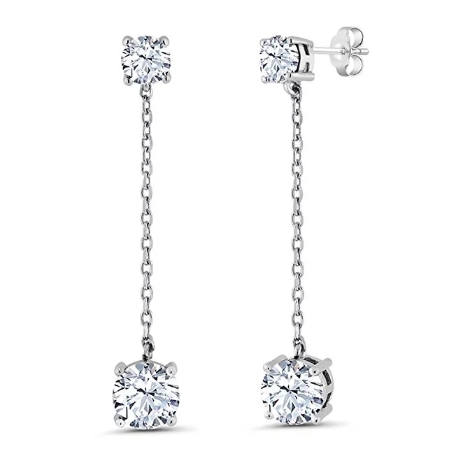 Round White Diamond 925 Sterling Silver Long Dangle Earrings