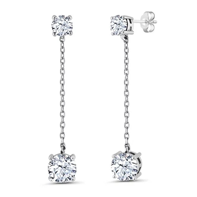 Round White Diamond 925 Sterling Silver Long Dangle Earrings