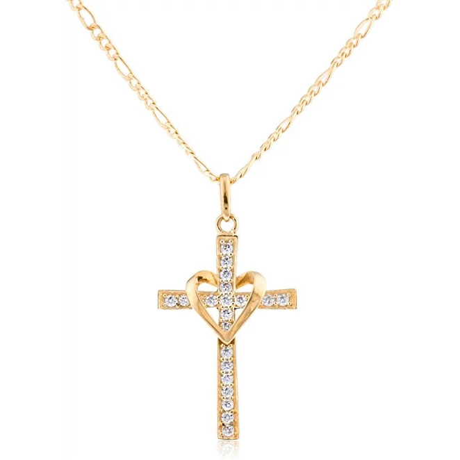 10k Yellow Gold Heart & Cross Pendant with an 18 Inch Gold Overlay Figaro Necklace
