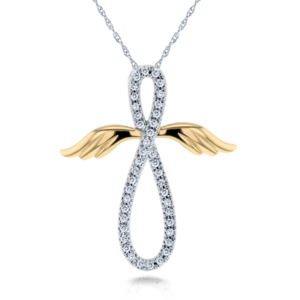 White and Gold Plated Silver CZ Angel Wings Cross Necklace