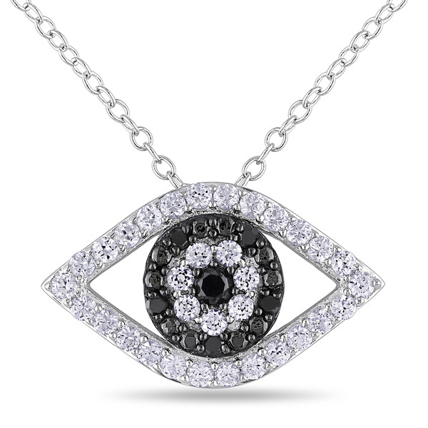 Sterling Silver Created White Sapphire Black CZ Eye Necklace