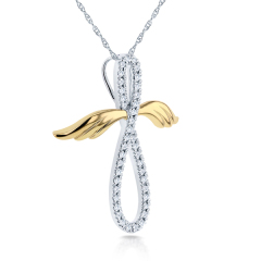 White and Gold Plated Silver CZ Angel Wings Cross Necklace