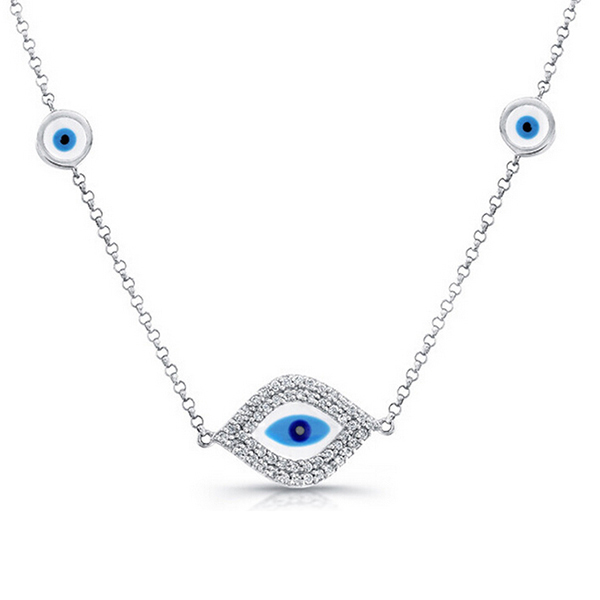 Jewish Design Sterling Silver Yellow Gold CZ Enamel Evil Eye Necklace
