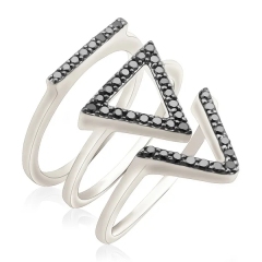 Silver Jewelry Factory Black CZ Fancy Shaped 3 Pieces Snuggle Fit Knuckle Ring Set